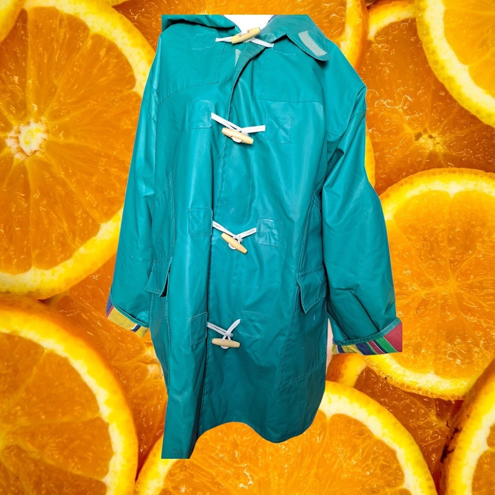 Orvis Rain Coat Hooded Toggle Front Pockets Colorful Lining‎ Women's M
